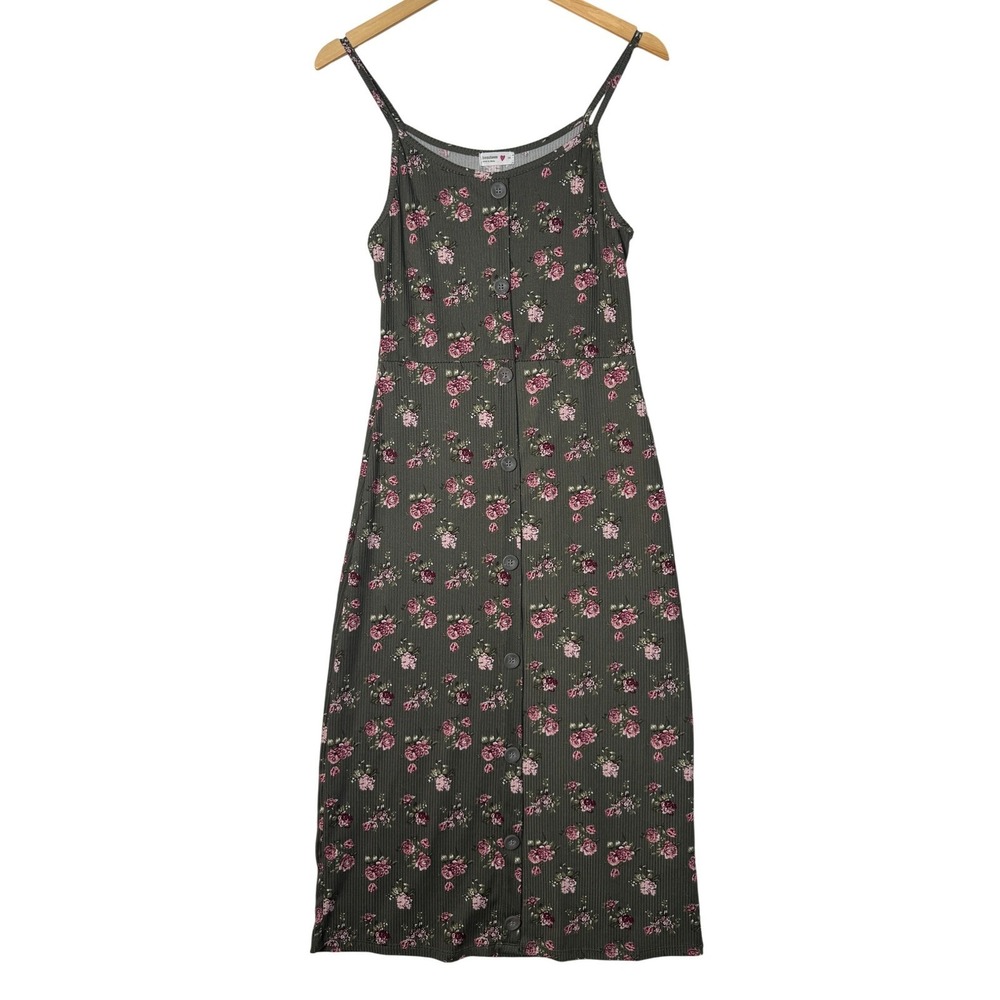 Girls Floral Button Front Midi Dress Green Pink Sleeveless Summer Casual Size 14